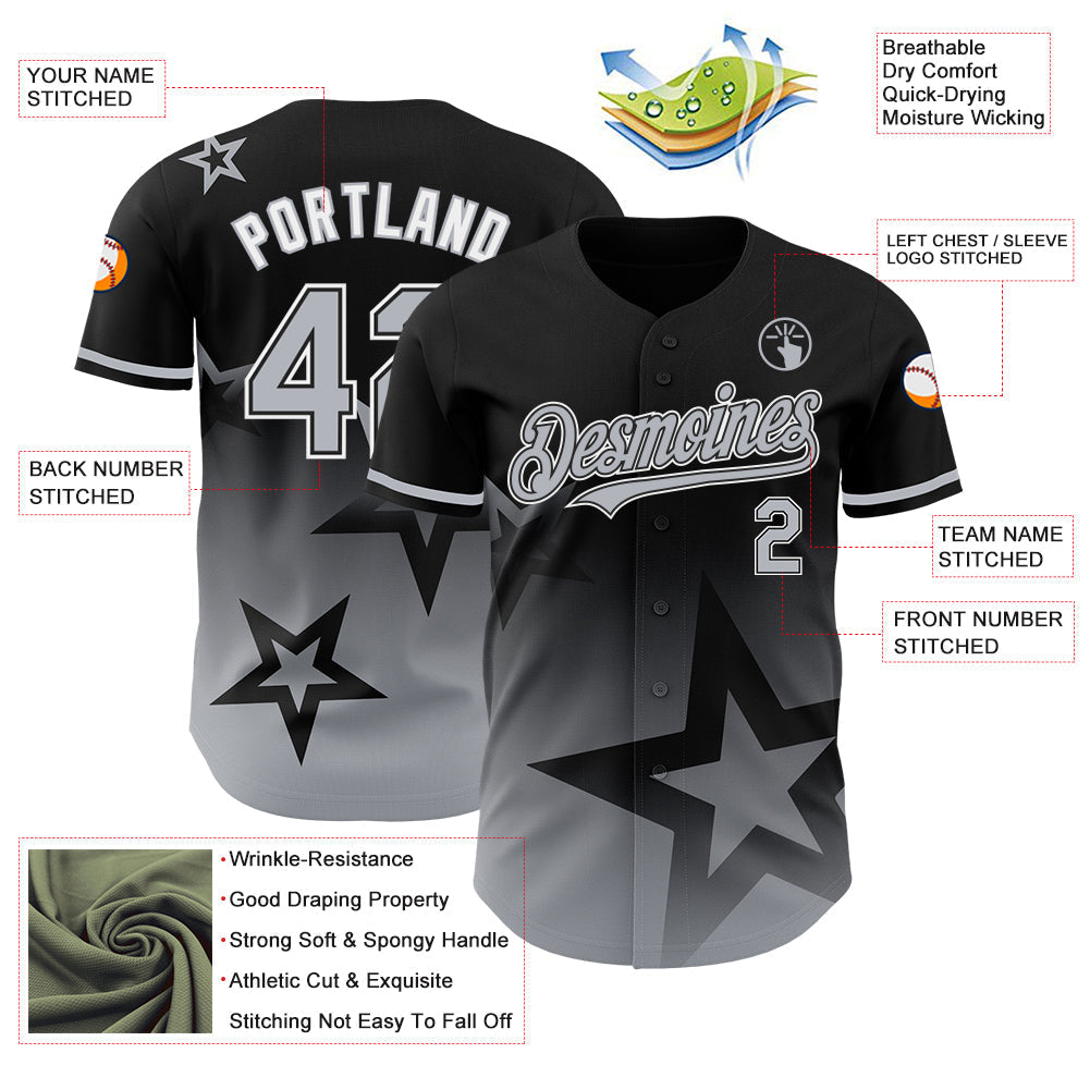 Custom Black Gray-White 3D Pattern Design Gradient Style Twinkle Star Authentic Baseball Jersey baseball jersey product view 3