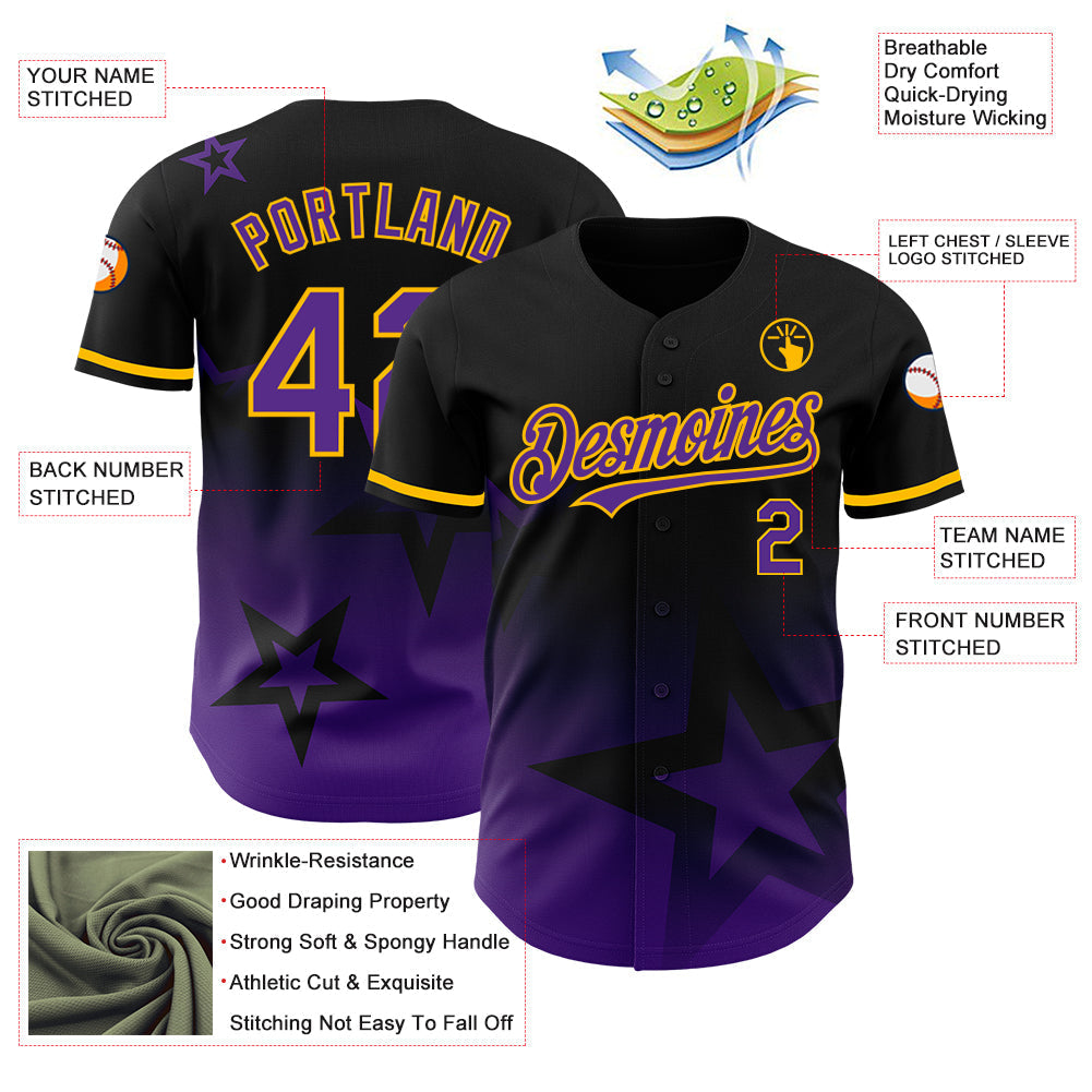 Custom Black Purple-Gold 3D Pattern Design Gradient Style Twinkle Star Authentic Baseball Jersey baseball jersey product view 3