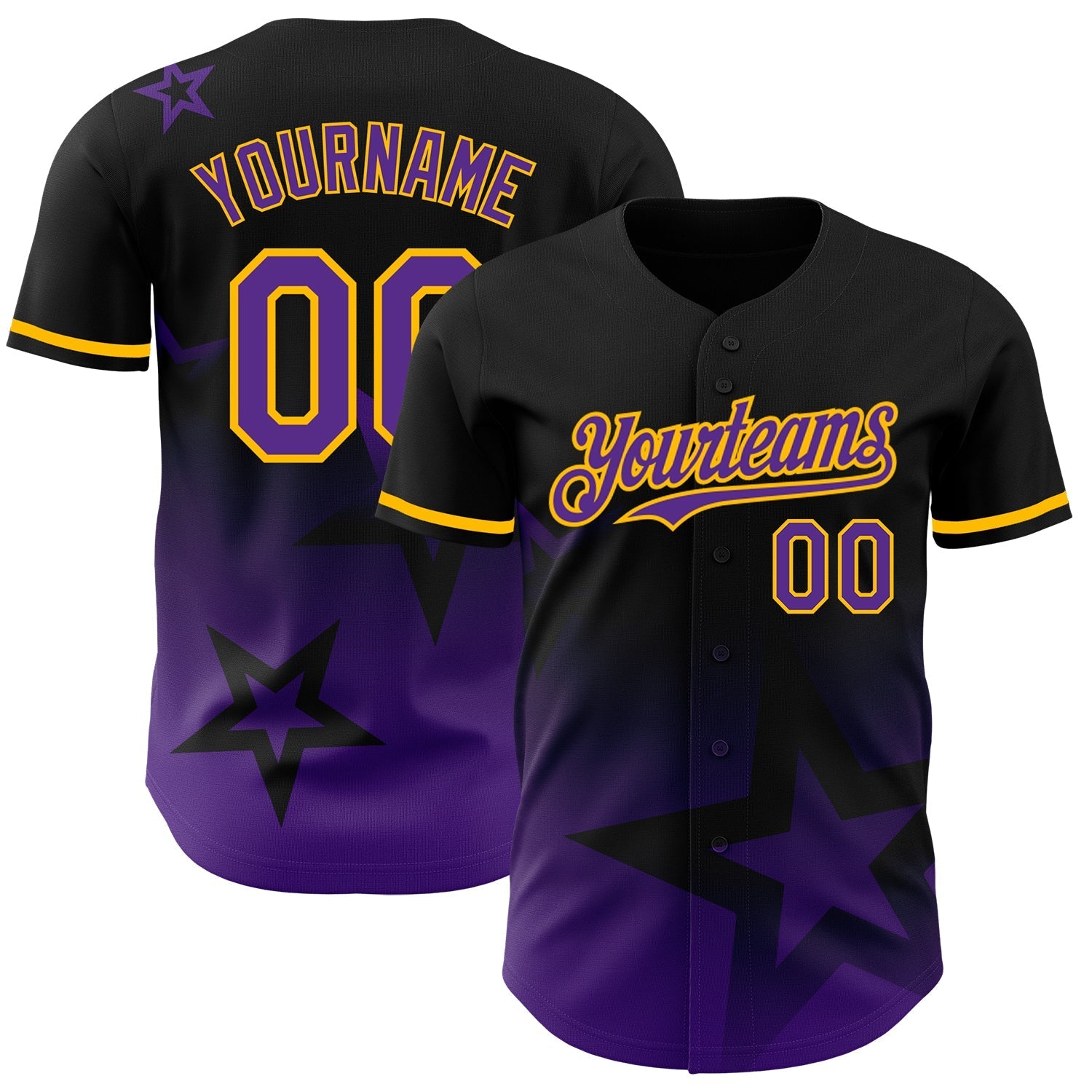 Custom Black Purple-Gold 3D Pattern Design Gradient Style Twinkle Star Authentic Baseball Jersey baseball jersey product view 1