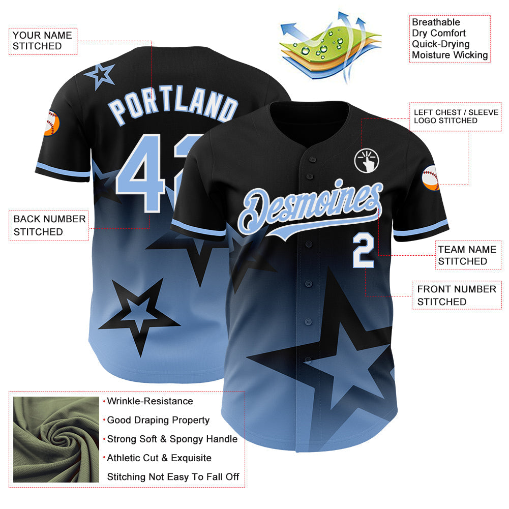 Custom Black Light Blue-White 3D Pattern Design Gradient Style Twinkle Star Authentic Baseball Jersey baseball jersey product view 3