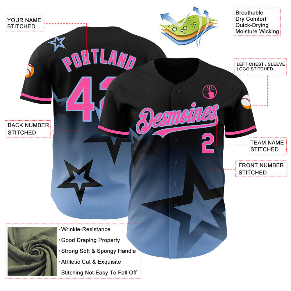 Custom Black Pink-Light Blue 3D Pattern Design Gradient Style Twinkle Star Authentic Baseball Jersey baseball jersey product view 3