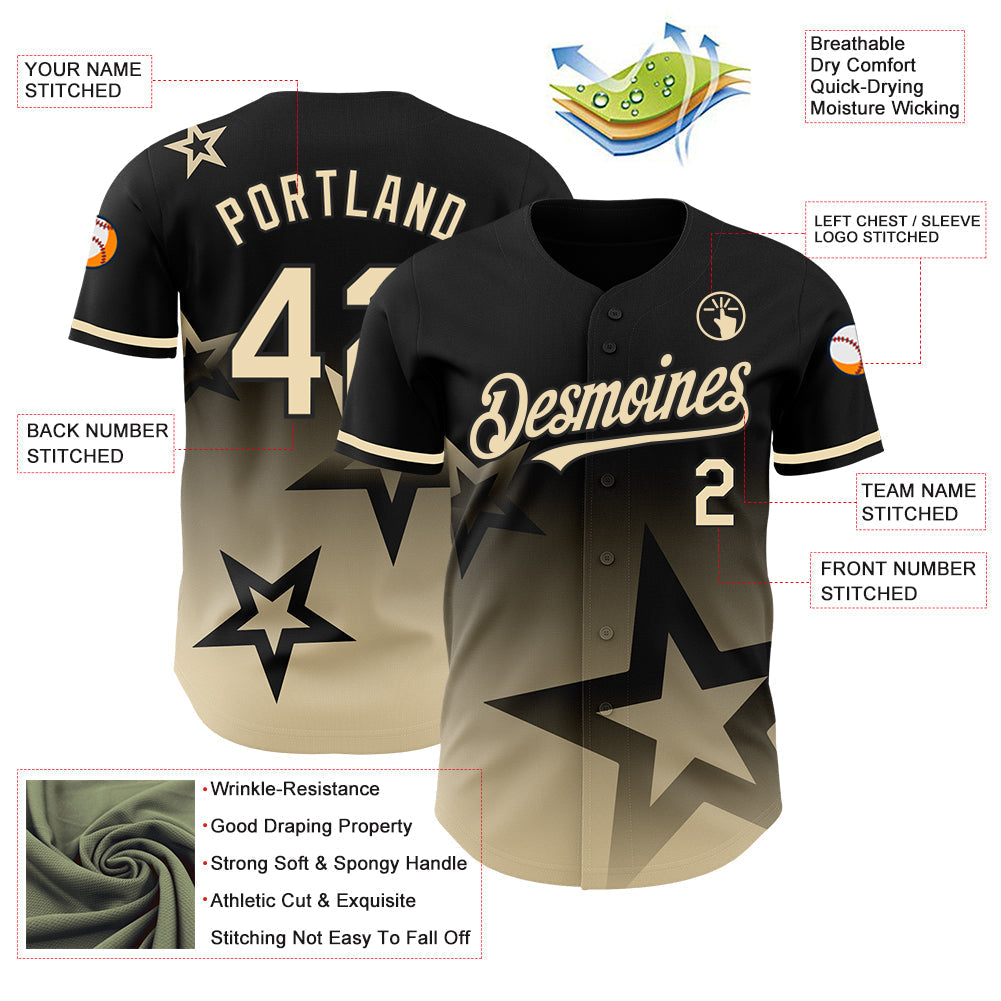 Custom Black Cream 3D Pattern Design Gradient Style Twinkle Star Authentic Baseball Jersey baseball jersey product view 4