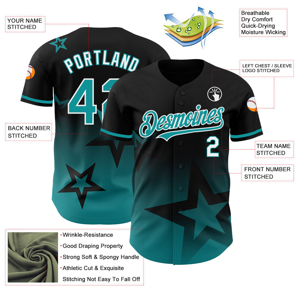 Custom Black Teal-White 3D Pattern Design Gradient Style Twinkle Star Authentic Baseball Jersey baseball jersey product view 3