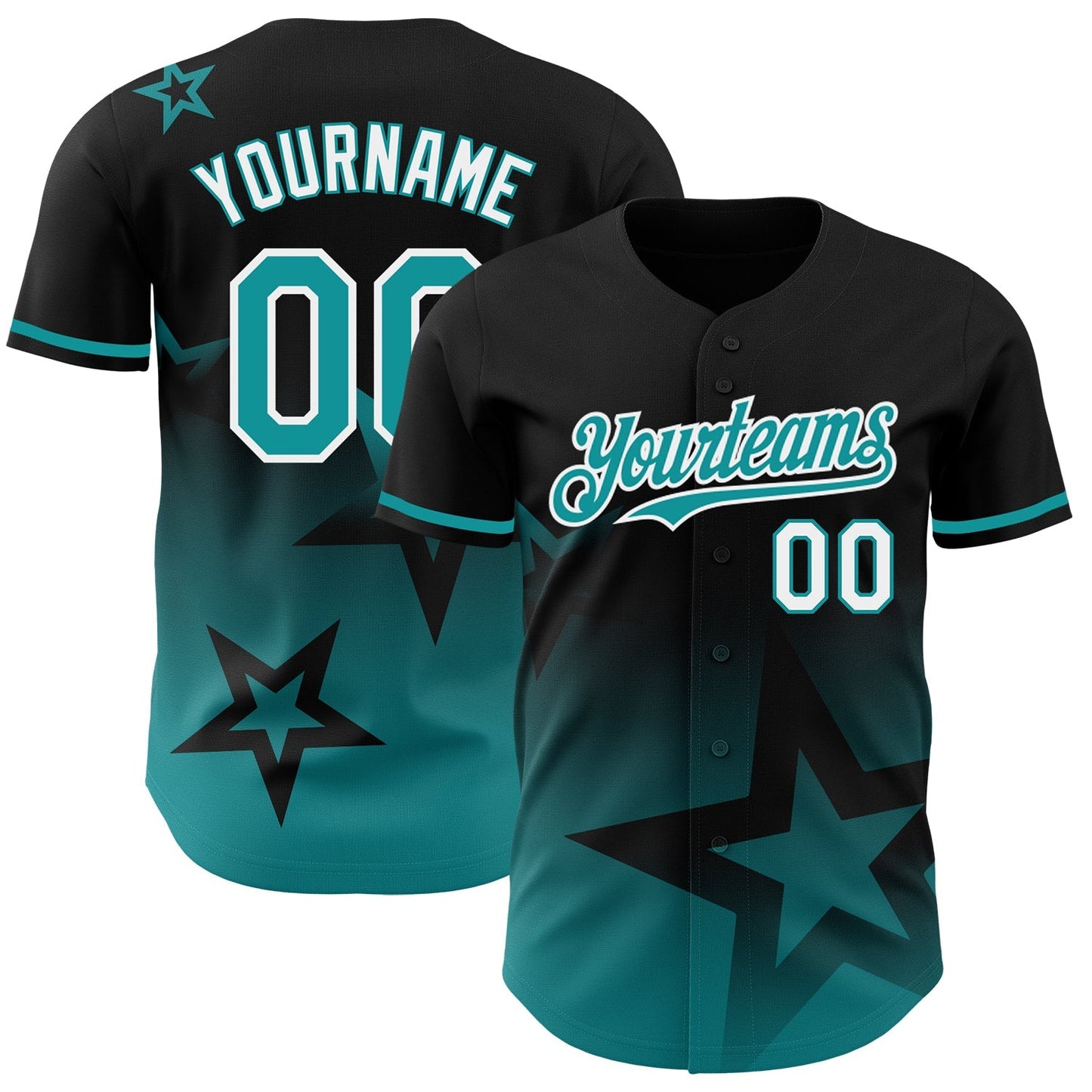 Custom Black Teal-White 3D Pattern Design Gradient Style Twinkle Star Authentic Baseball Jersey baseball jersey product view 1