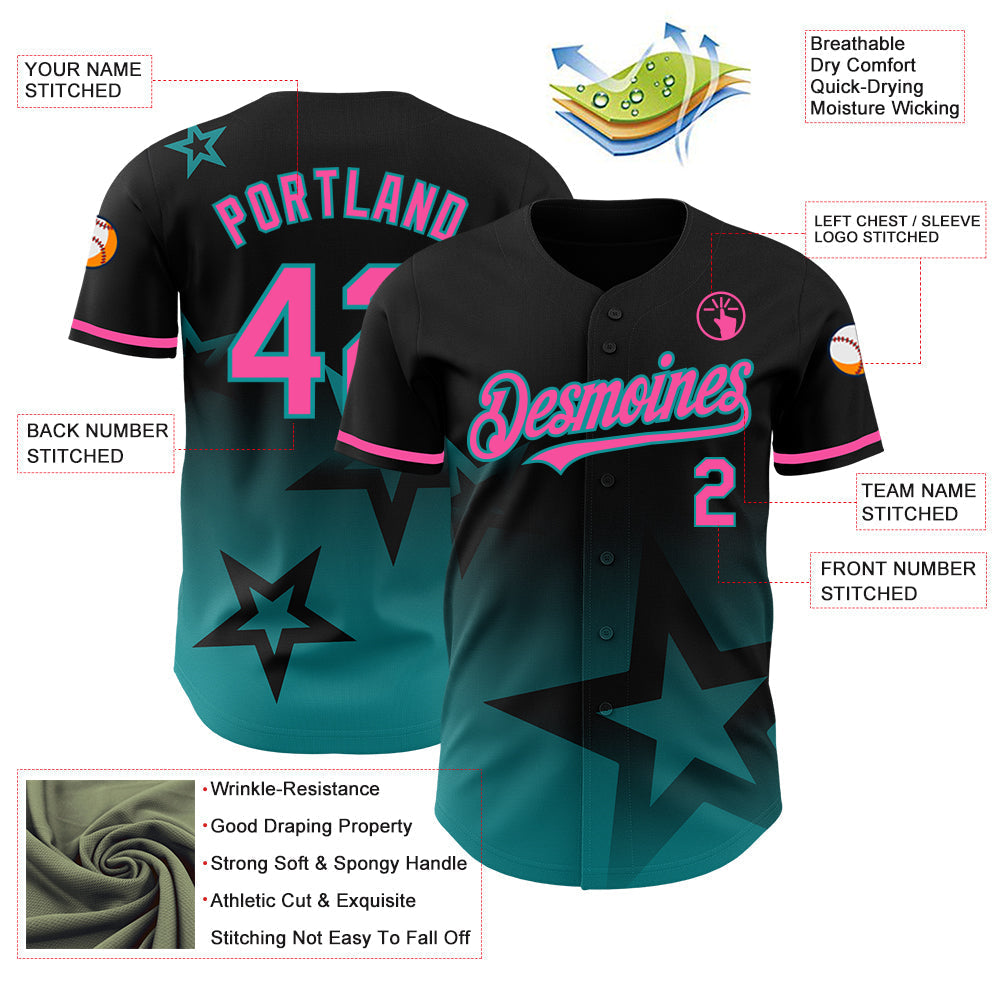 Custom Black Pink-Teal 3D Pattern Design Gradient Style Twinkle Star Authentic Baseball Jersey baseball jersey product view 3