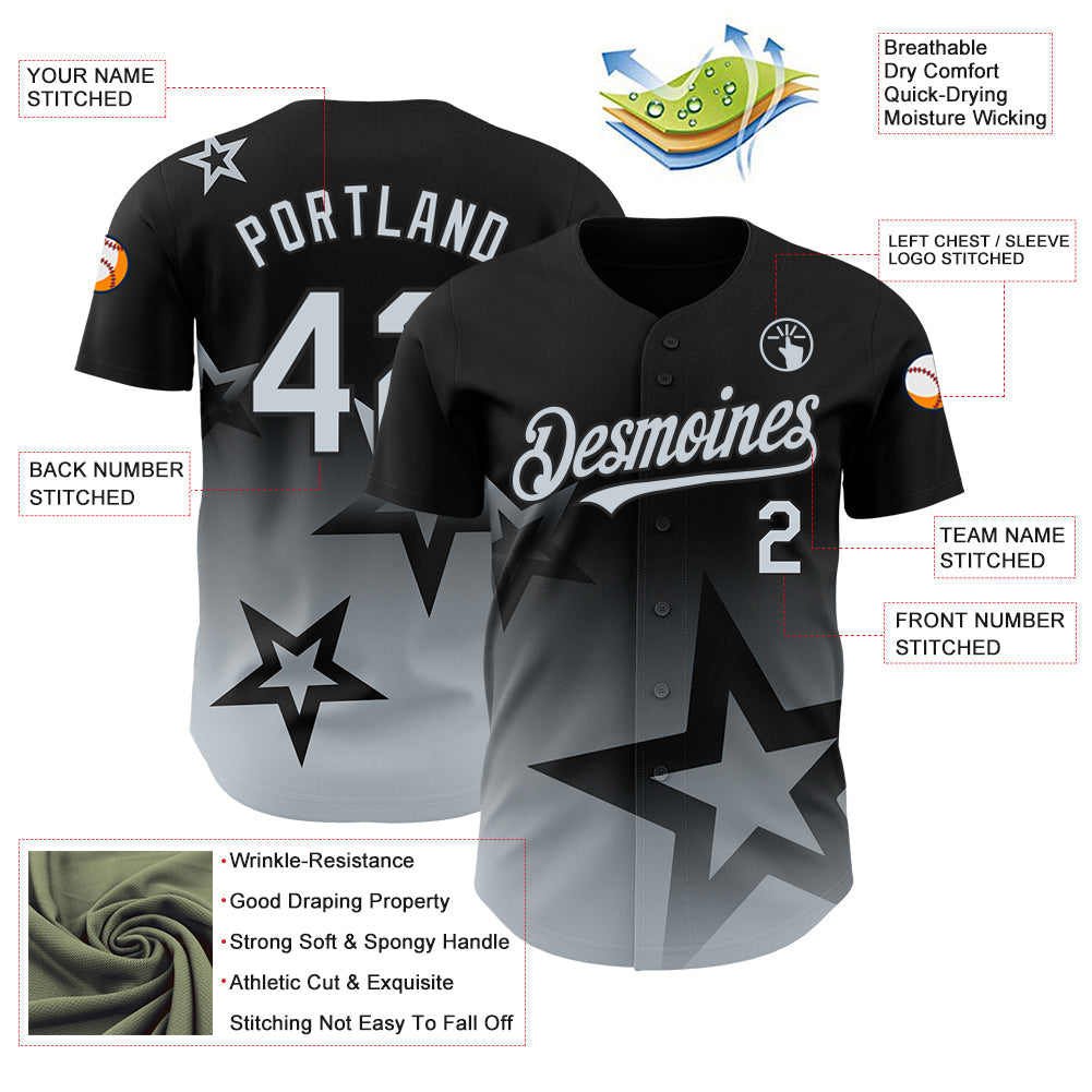 Custom Black Silver 3D Pattern Design Gradient Style Twinkle Star Authentic Baseball Jersey baseball jersey product view 3