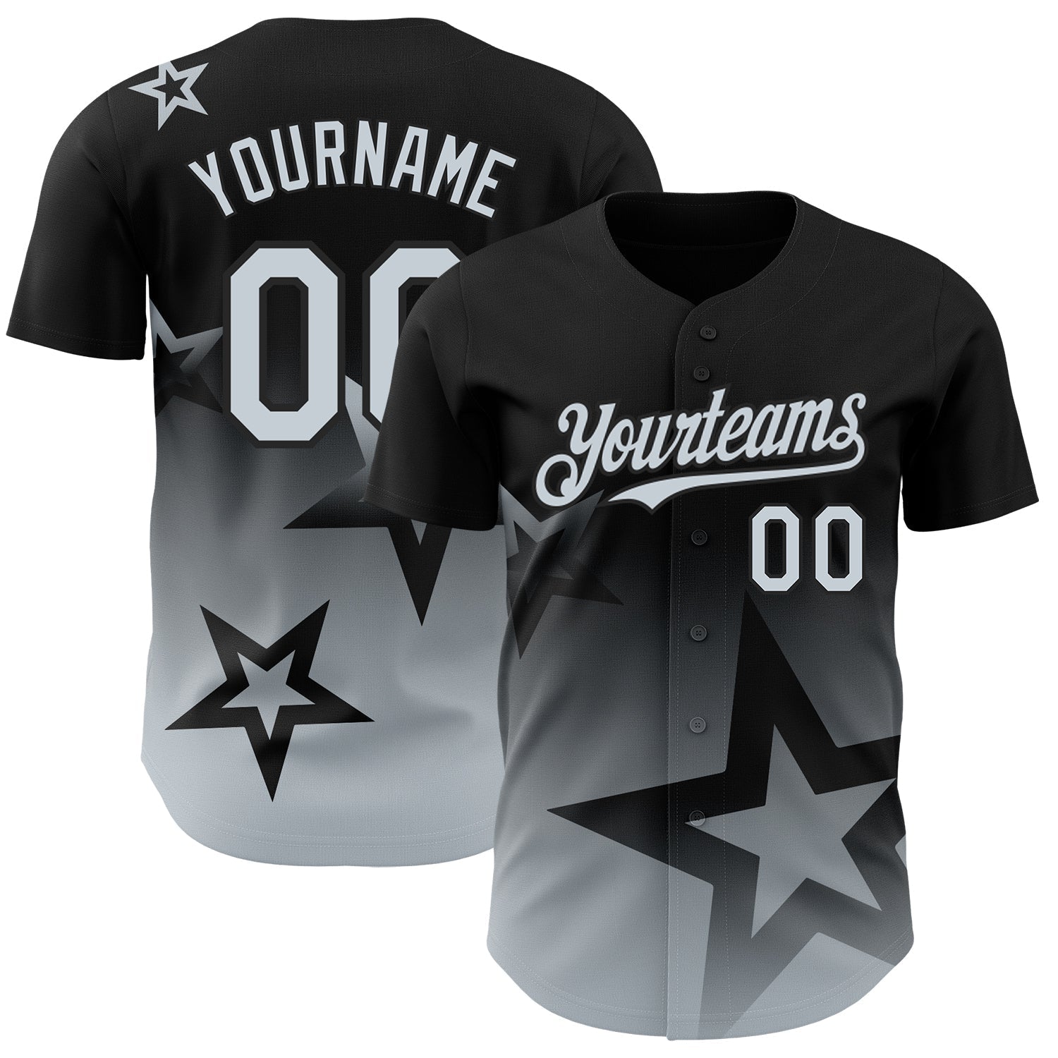 Custom Black Silver 3D Pattern Design Gradient Style Twinkle Star Authentic Baseball Jersey baseball jersey product view 1