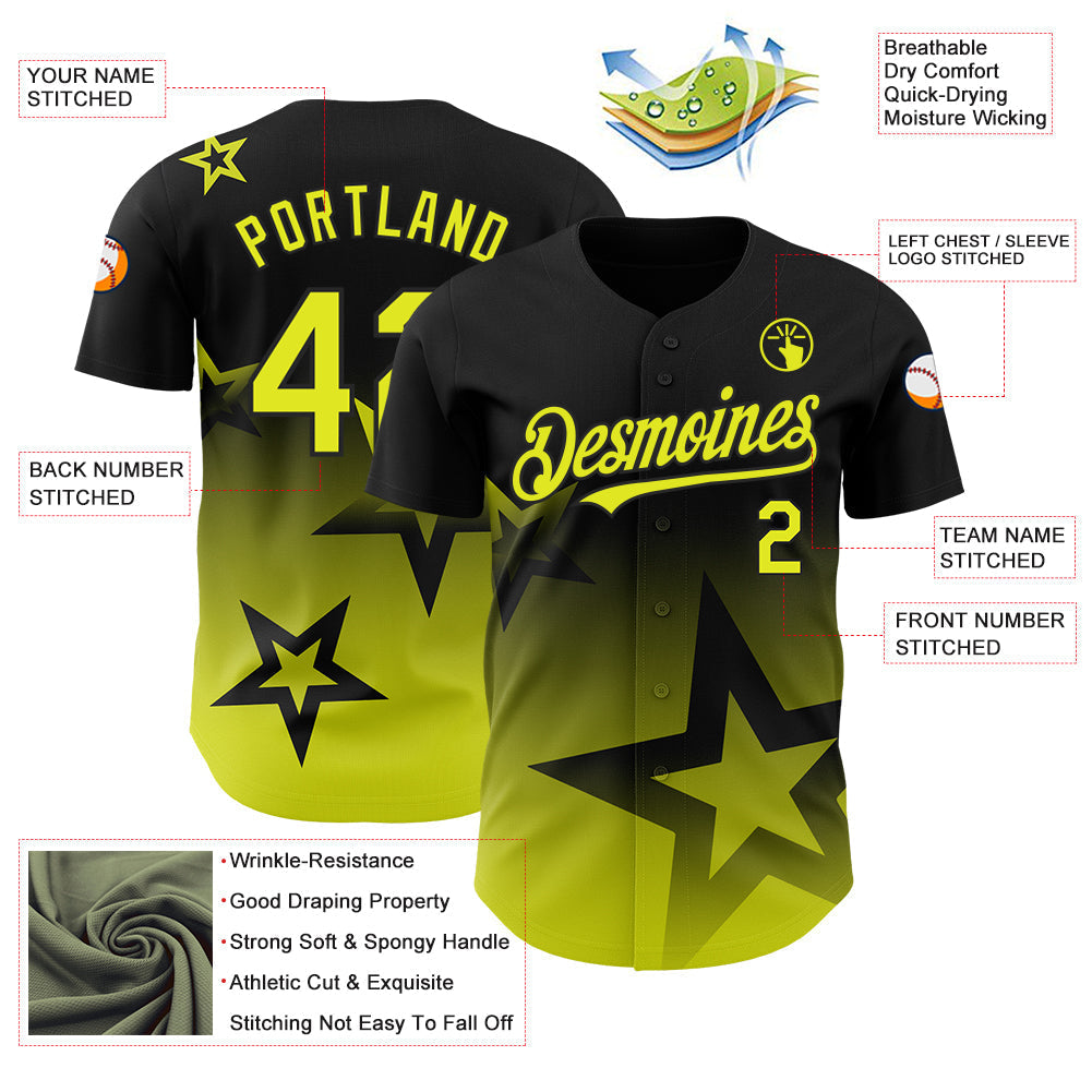 Custom Black Neon Yellow 3D Pattern Design Gradient Style Twinkle Star Authentic Baseball Jersey baseball jersey product view 3