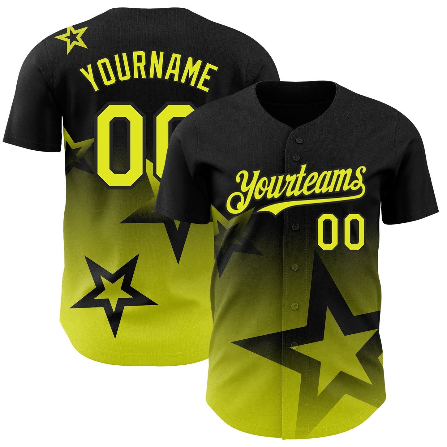 Custom Black Neon Yellow 3D Pattern Design Gradient Style Twinkle Star Authentic Baseball Jersey baseball jersey product view 1