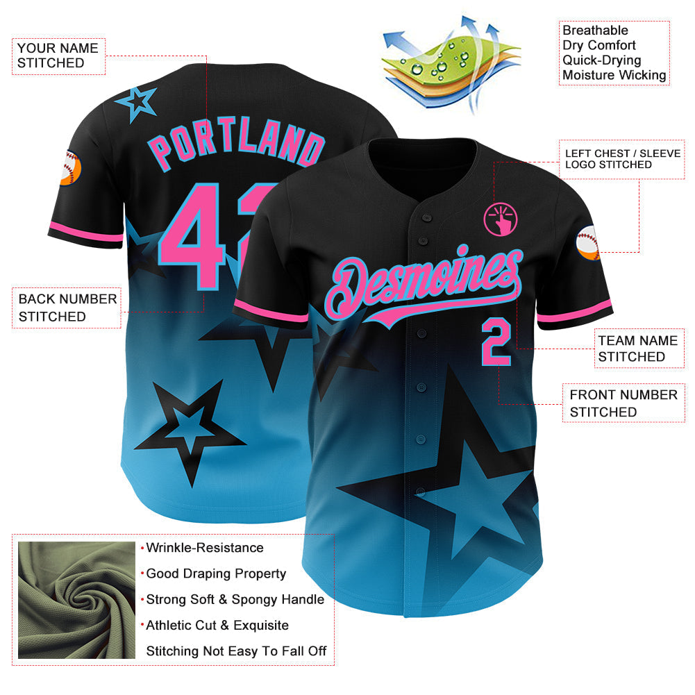 Custom Black Pink-Sky Blue 3D Pattern Design Gradient Style Twinkle Star Authentic Baseball Jersey baseball jersey product view 4