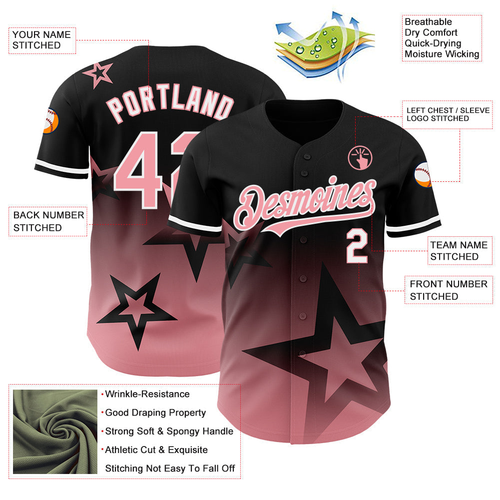 Custom Black Medium Pink-White 3D Pattern Design Gradient Style Twinkle Star Authentic Baseball Jersey baseball jersey product view 4