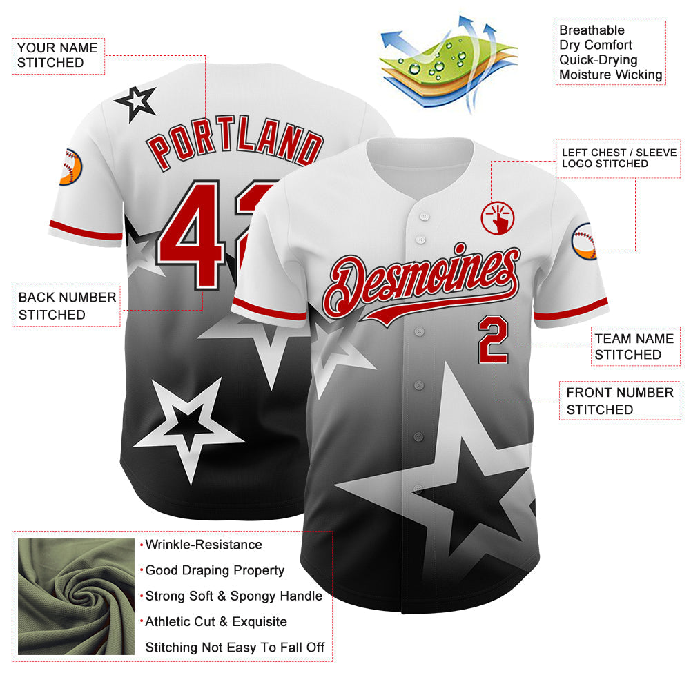 Custom White Red-Black 3D Pattern Design Gradient Style Twinkle Star Authentic Baseball Jersey baseball jersey product view 3