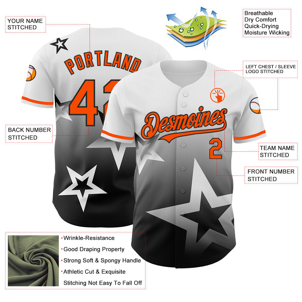 Custom White Orange-Black 3D Pattern Design Gradient Style Twinkle Star Authentic Baseball Jersey baseball jersey product view 3