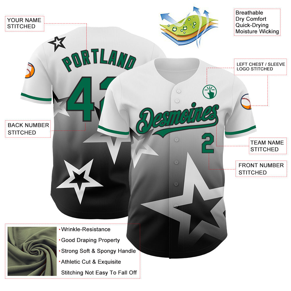 Custom White Kelly Green-Black 3D Pattern Design Gradient Style Twinkle Star Authentic Baseball Jersey baseball jersey product view 3