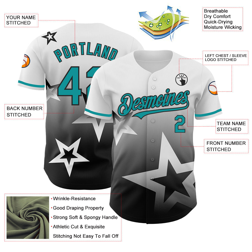 Custom White Teal-Black 3D Pattern Design Gradient Style Twinkle Star Authentic Baseball Jersey baseball jersey product view 3