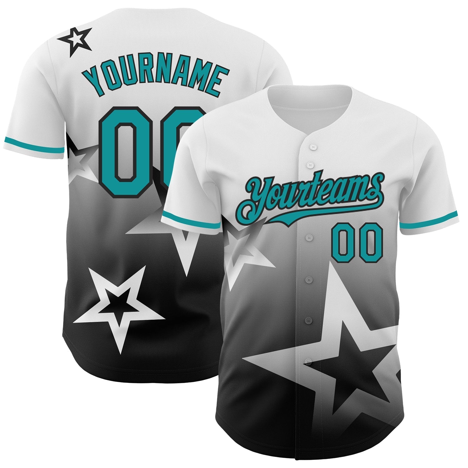 Custom White Teal-Black 3D Pattern Design Gradient Style Twinkle Star Authentic Baseball Jersey baseball jersey product view 1