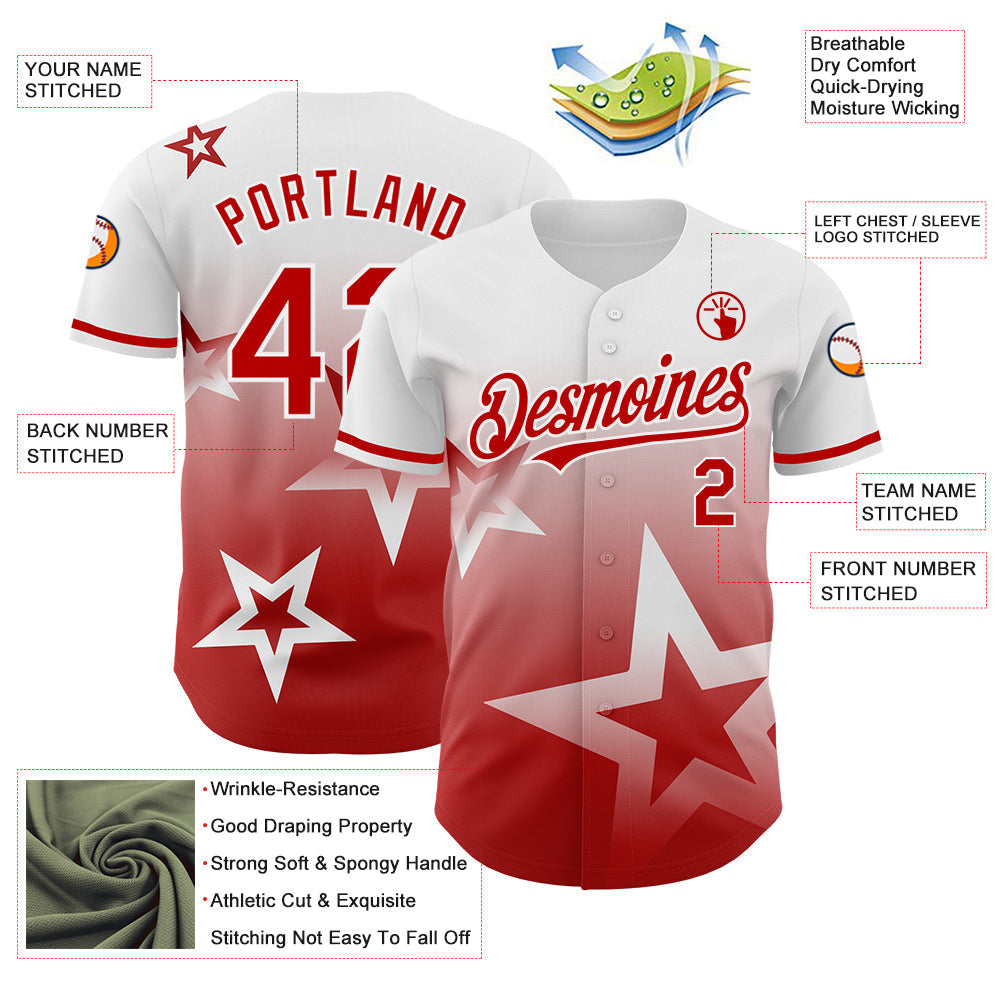 Custom White Red 3D Pattern Design Gradient Style Twinkle Star Authentic Baseball Jersey baseball jersey product view 3