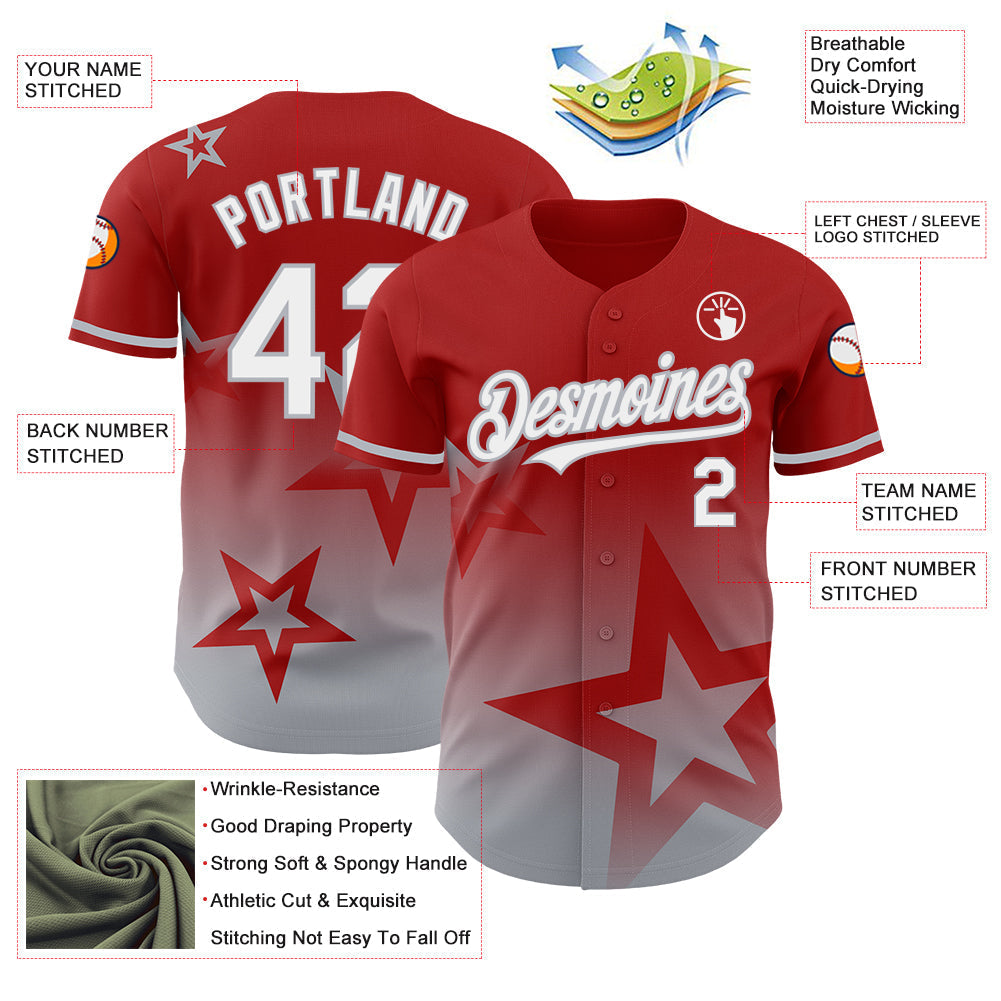 Custom Red White-Gray 3D Pattern Design Gradient Style Twinkle Star Authentic Baseball Jersey baseball jersey product view 3