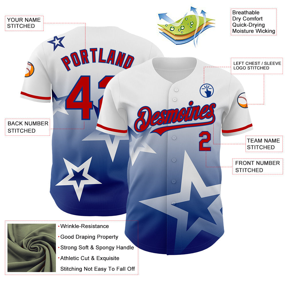 Custom White Red-Royal 3D Pattern Design Gradient Style Twinkle Star Authentic Baseball Jersey baseball jersey product view 3