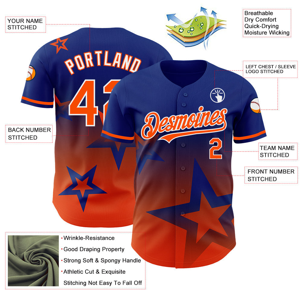 Custom Royal Orange-White 3D Pattern Design Gradient Style Twinkle Star Authentic Baseball Jersey baseball jersey product view 3