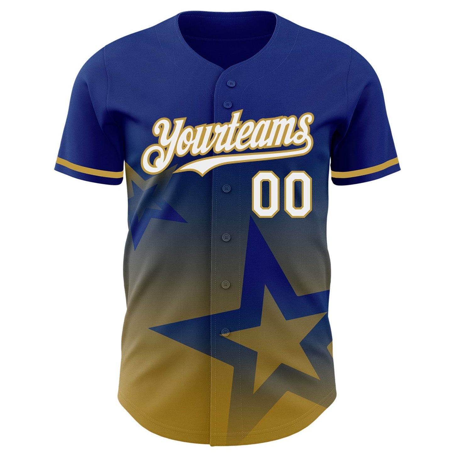 Custom Royal White-Old Gold 3D Pattern Design Gradient Style Twinkle Star Authentic Baseball Jersey baseball jersey product view 2