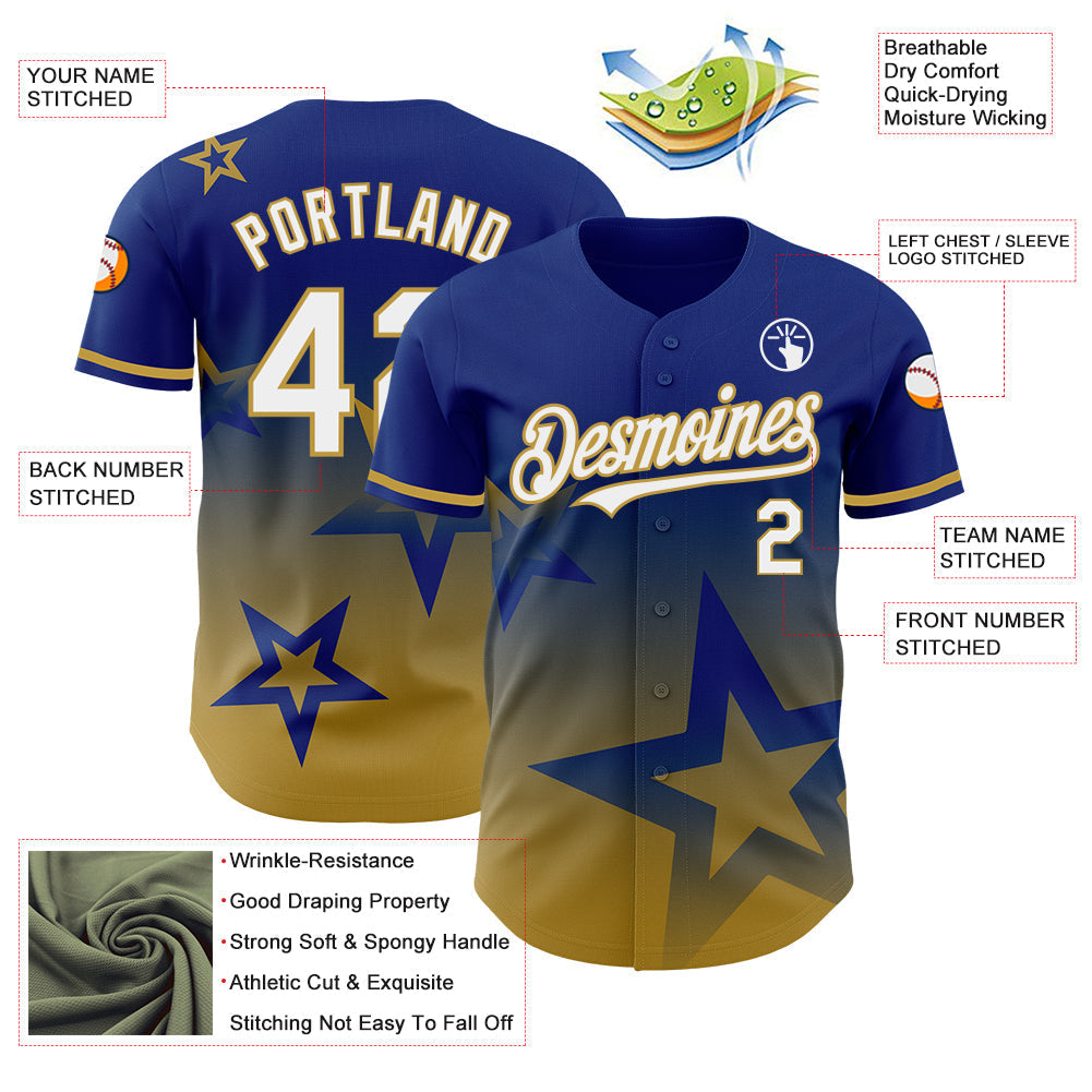Custom Royal White-Old Gold 3D Pattern Design Gradient Style Twinkle Star Authentic Baseball Jersey baseball jersey product view 3