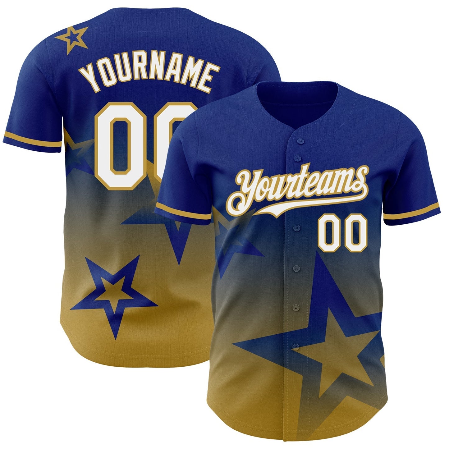 Custom Royal White-Old Gold 3D Pattern Design Gradient Style Twinkle Star Authentic Baseball Jersey baseball jersey product view 1