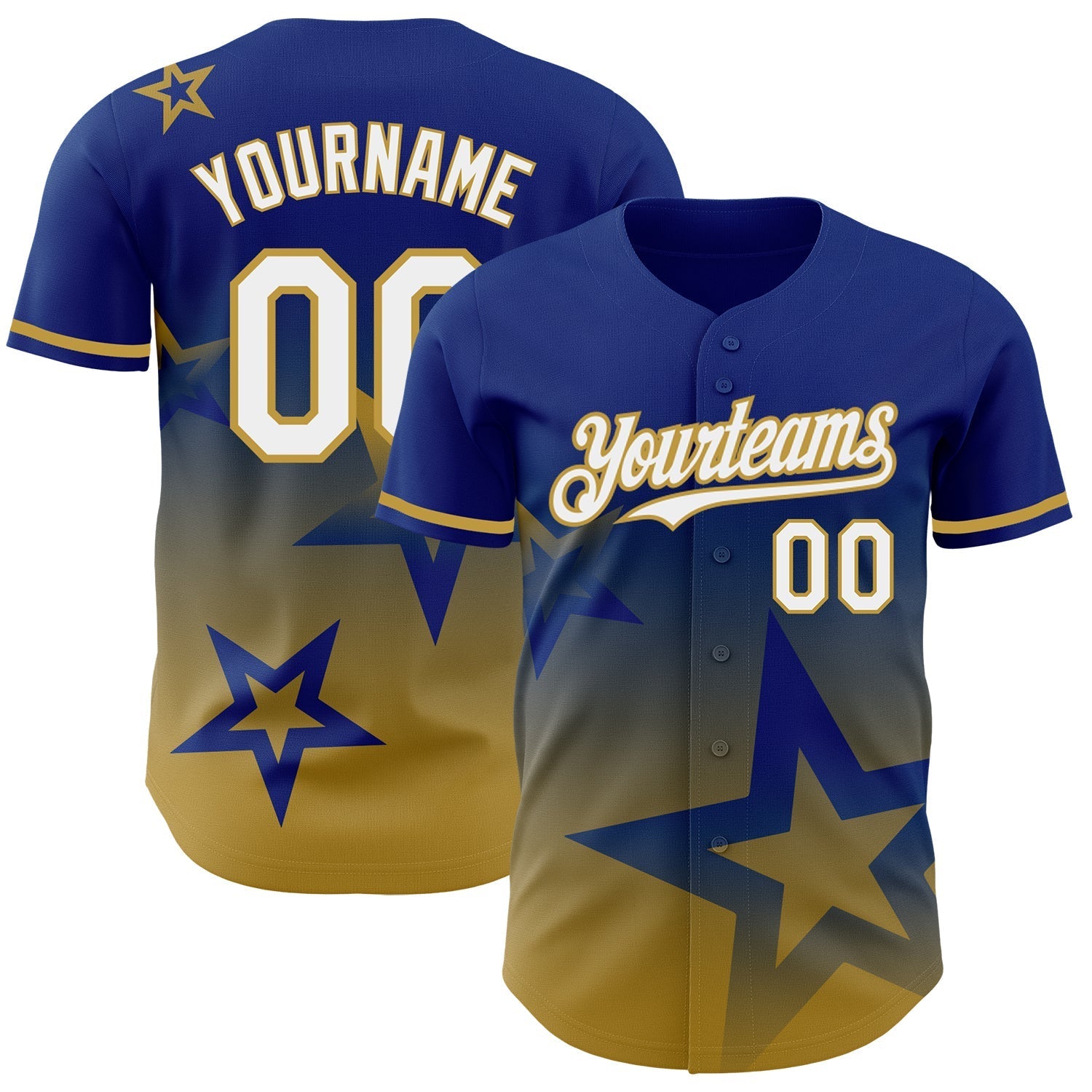 Custom Royal White-Old Gold 3D Pattern Design Gradient Style Twinkle Star Authentic Baseball Jersey baseball jersey product view 1