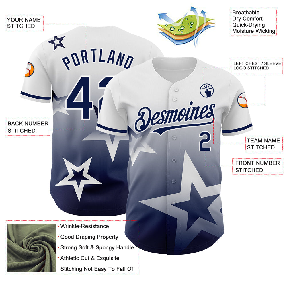 Custom White Navy 3D Pattern Design Gradient Style Twinkle Star Authentic Baseball Jersey baseball jersey product view 3