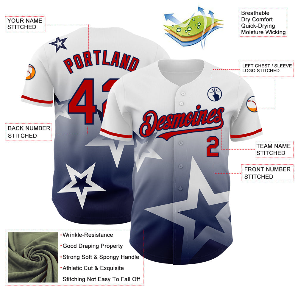Custom White Red-Navy 3D Pattern Design Gradient Style Twinkle Star Authentic Baseball Jersey baseball jersey product view 3