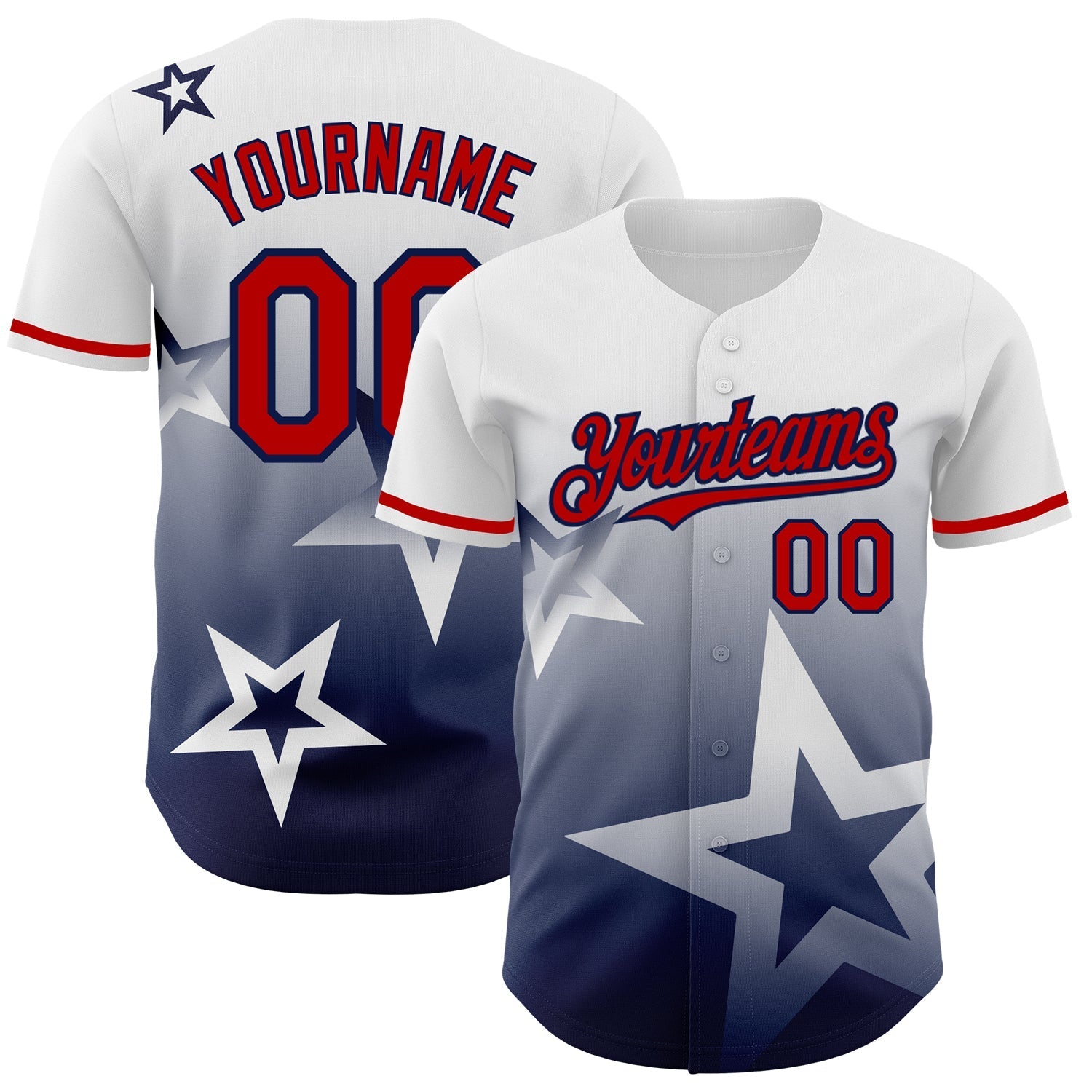 Custom White Red-Navy 3D Pattern Design Gradient Style Twinkle Star Authentic Baseball Jersey baseball jersey product view 1