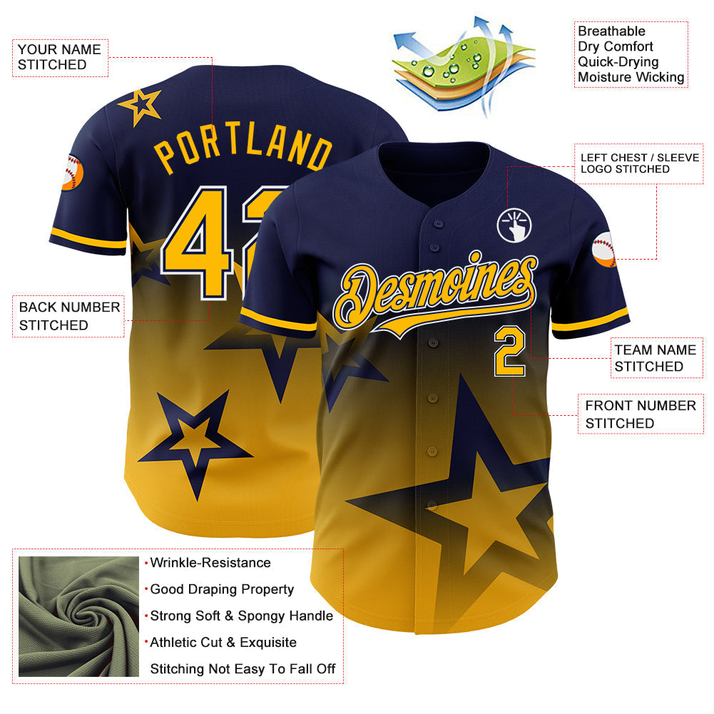 Custom Navy Gold-White 3D Pattern Design Gradient Style Twinkle Star Authentic Baseball Jersey baseball jersey product view 3