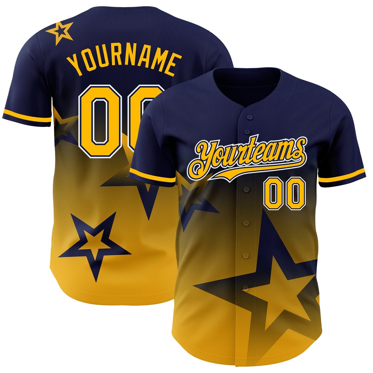 Custom Navy Gold-White 3D Pattern Design Gradient Style Twinkle Star Authentic Baseball Jersey baseball jersey product view 1