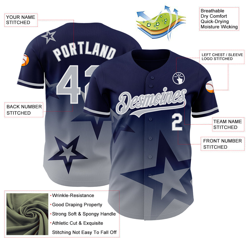 Custom Navy Gray-White 3D Pattern Design Gradient Style Twinkle Star Authentic Baseball Jersey baseball jersey product view 3