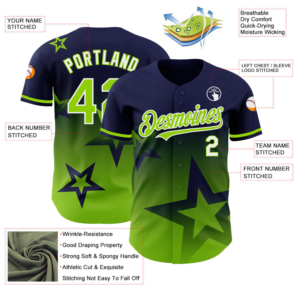 Custom Navy Neon Green-White 3D Pattern Design Gradient Style Twinkle Star Authentic Baseball Jersey baseball jersey product view 3