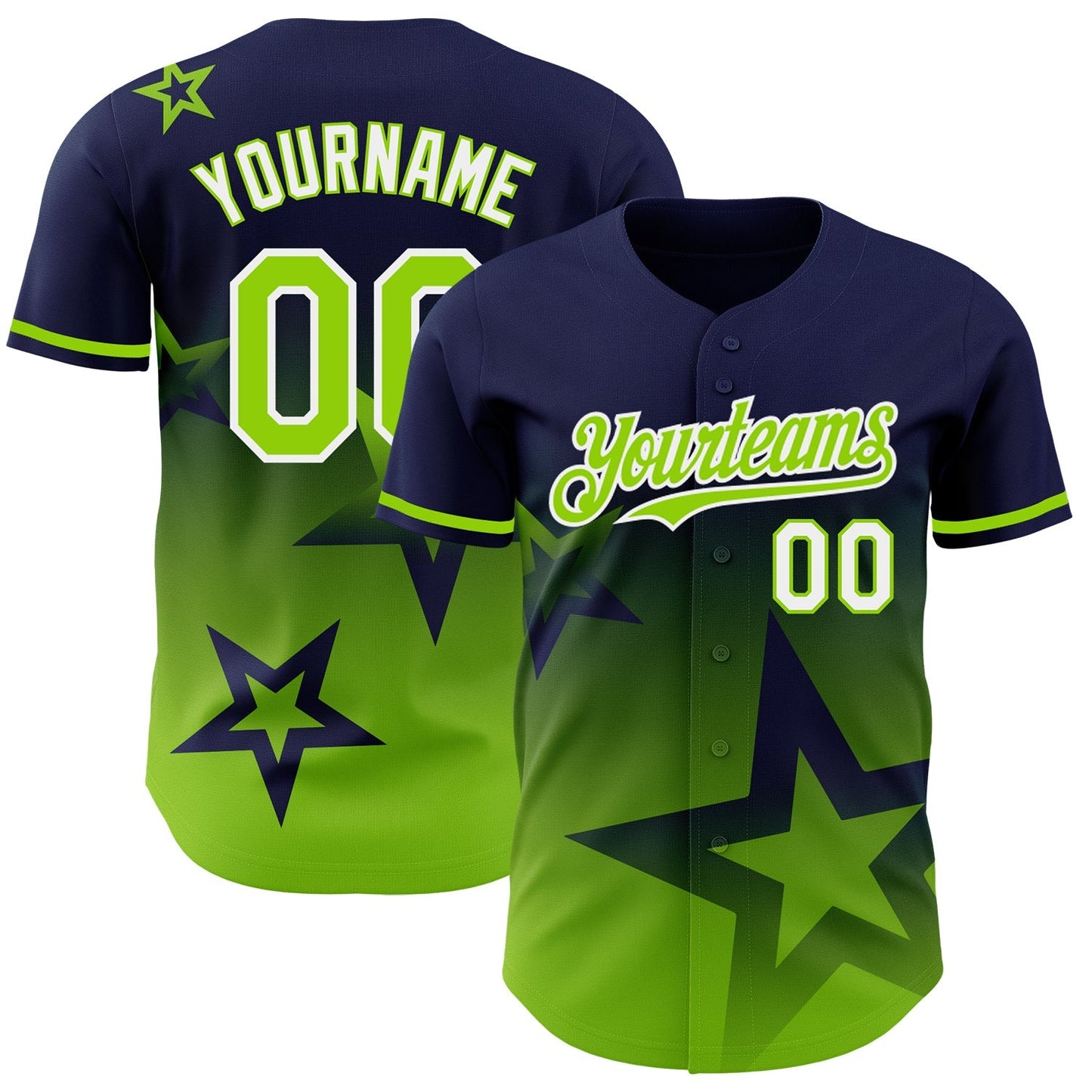 Custom Navy Neon Green-White 3D Pattern Design Gradient Style Twinkle Star Authentic Baseball Jersey baseball jersey product view 1
