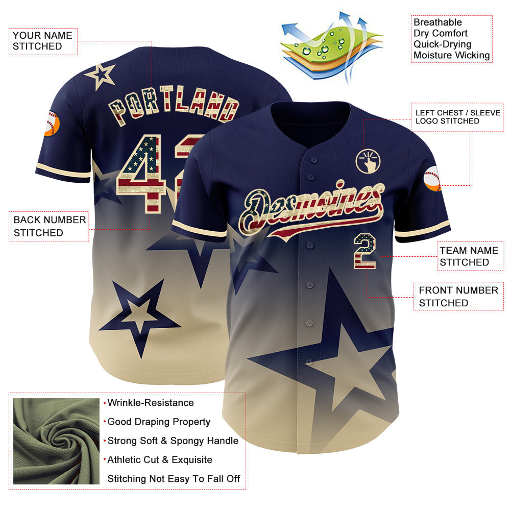 Custom Navy Vintage USA Flag-Cream 3D Pattern Design Gradient Style Twinkle Star Authentic Baseball Jersey baseball jersey product view 3