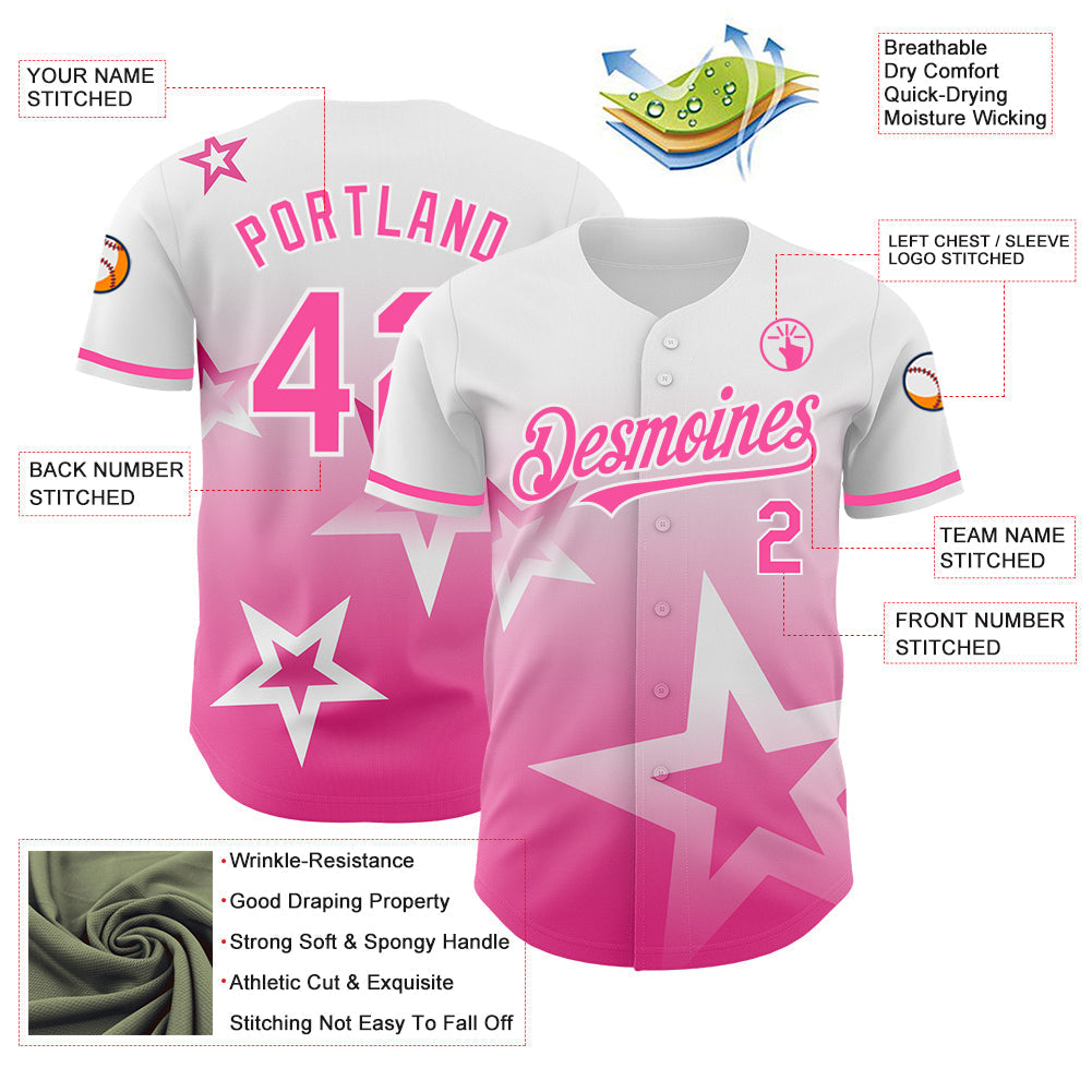 Custom White Pink 3D Pattern Design Gradient Style Twinkle Star Authentic Baseball Jersey baseball jersey product view 4