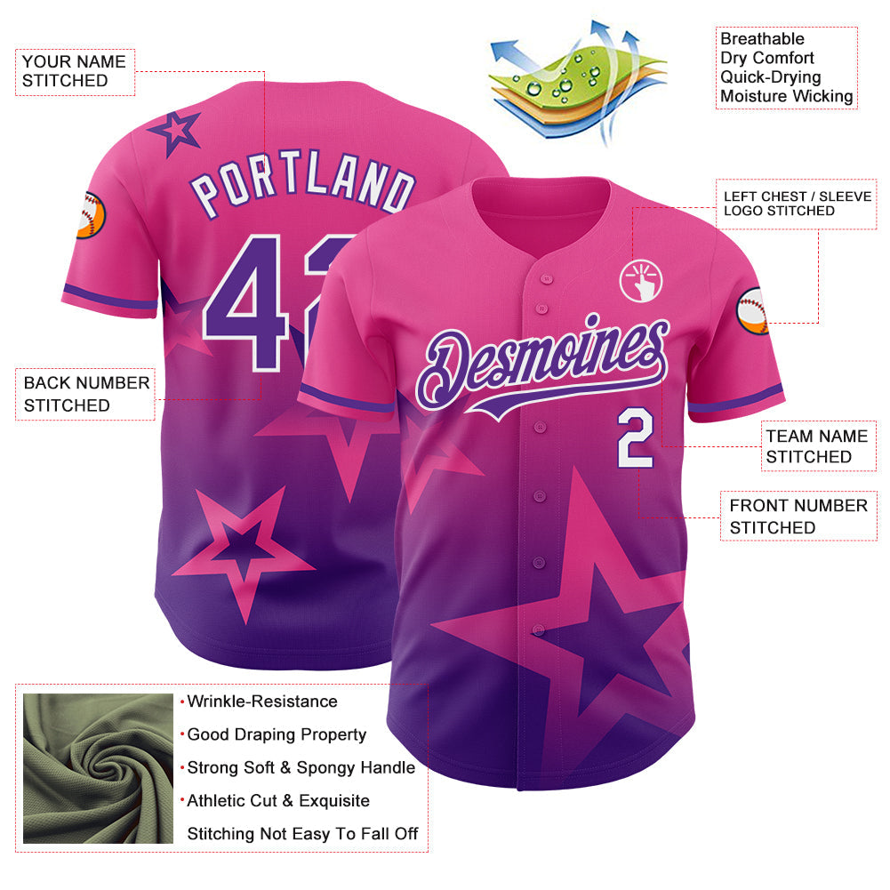 Custom Pink Purple-White 3D Pattern Design Gradient Style Twinkle Star Authentic Baseball Jersey baseball jersey product view 3
