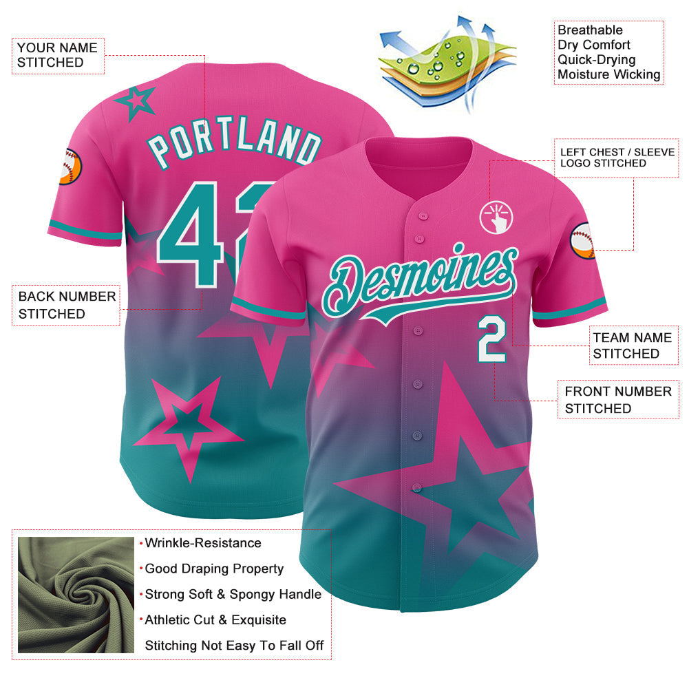 Custom Pink Teal-White 3D Pattern Design Gradient Style Twinkle Star Authentic Baseball Jersey baseball jersey product view 3