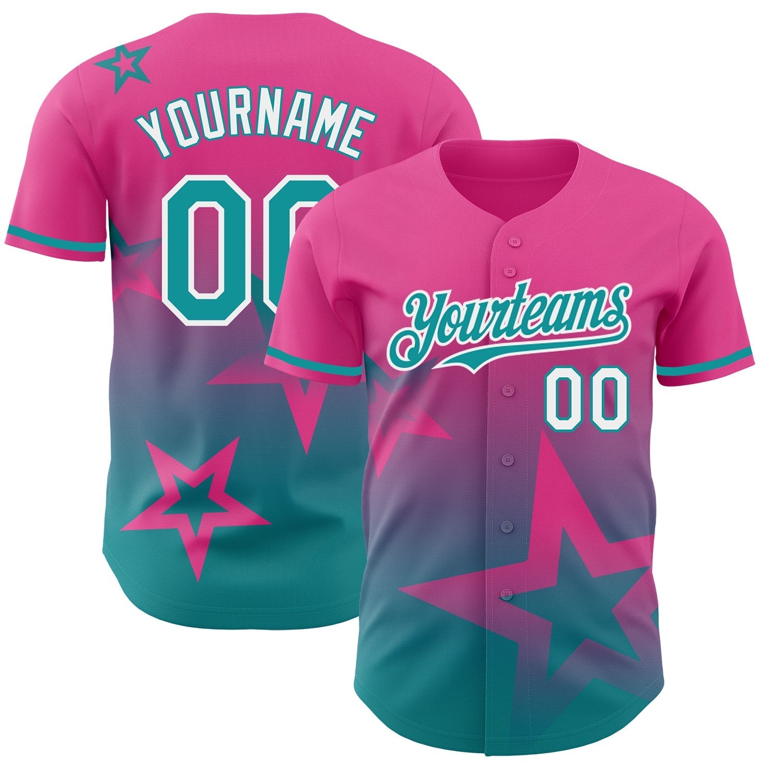 Custom Pink Teal-White 3D Pattern Design Gradient Style Twinkle Star Authentic Baseball Jersey baseball jersey product view 1
