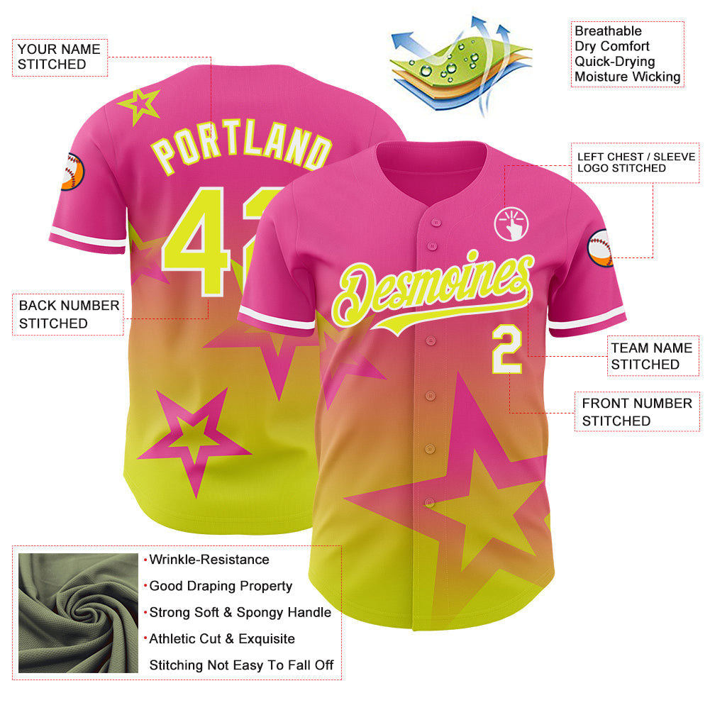 Custom Pink Neon Yellow-White 3D Pattern Design Gradient Style Twinkle Star Authentic Baseball Jersey baseball jersey product view 3
