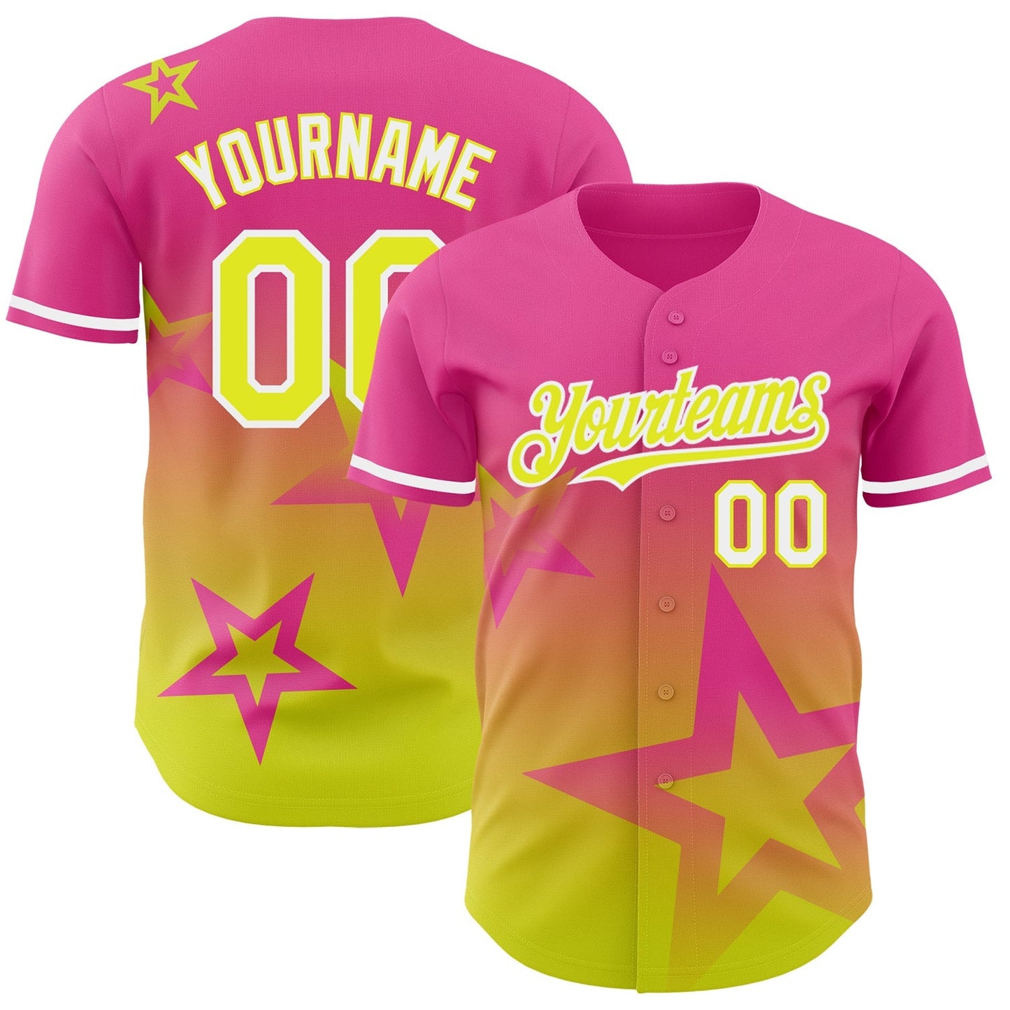 Custom Pink Neon Yellow-White 3D Pattern Design Gradient Style Twinkle Star Authentic Baseball Jersey baseball jersey product view 1