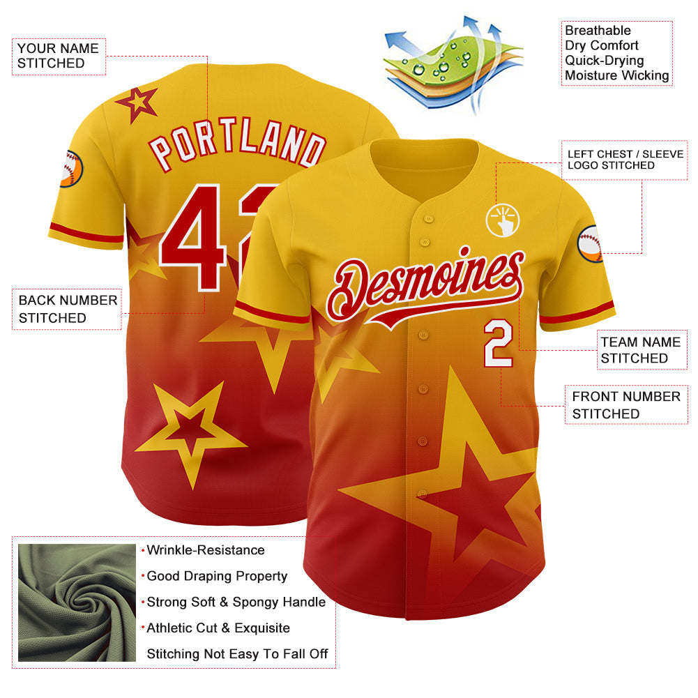 Custom Yellow Red-White 3D Pattern Design Gradient Style Twinkle Star Authentic Baseball Jersey baseball jersey product view 3