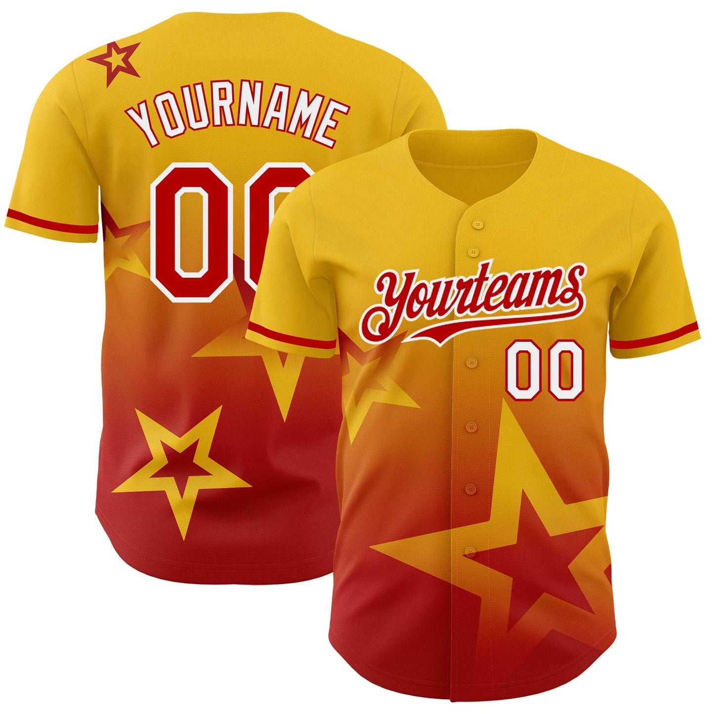 Custom Yellow Red-White 3D Pattern Design Gradient Style Twinkle Star Authentic Baseball Jersey baseball jersey product view 1