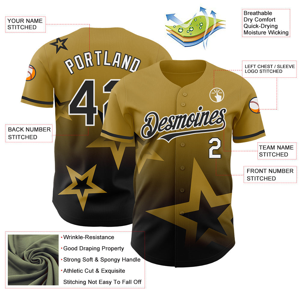 Custom Old Gold Black-White 3D Pattern Design Gradient Style Twinkle Star Authentic Baseball Jersey baseball jersey product view 3