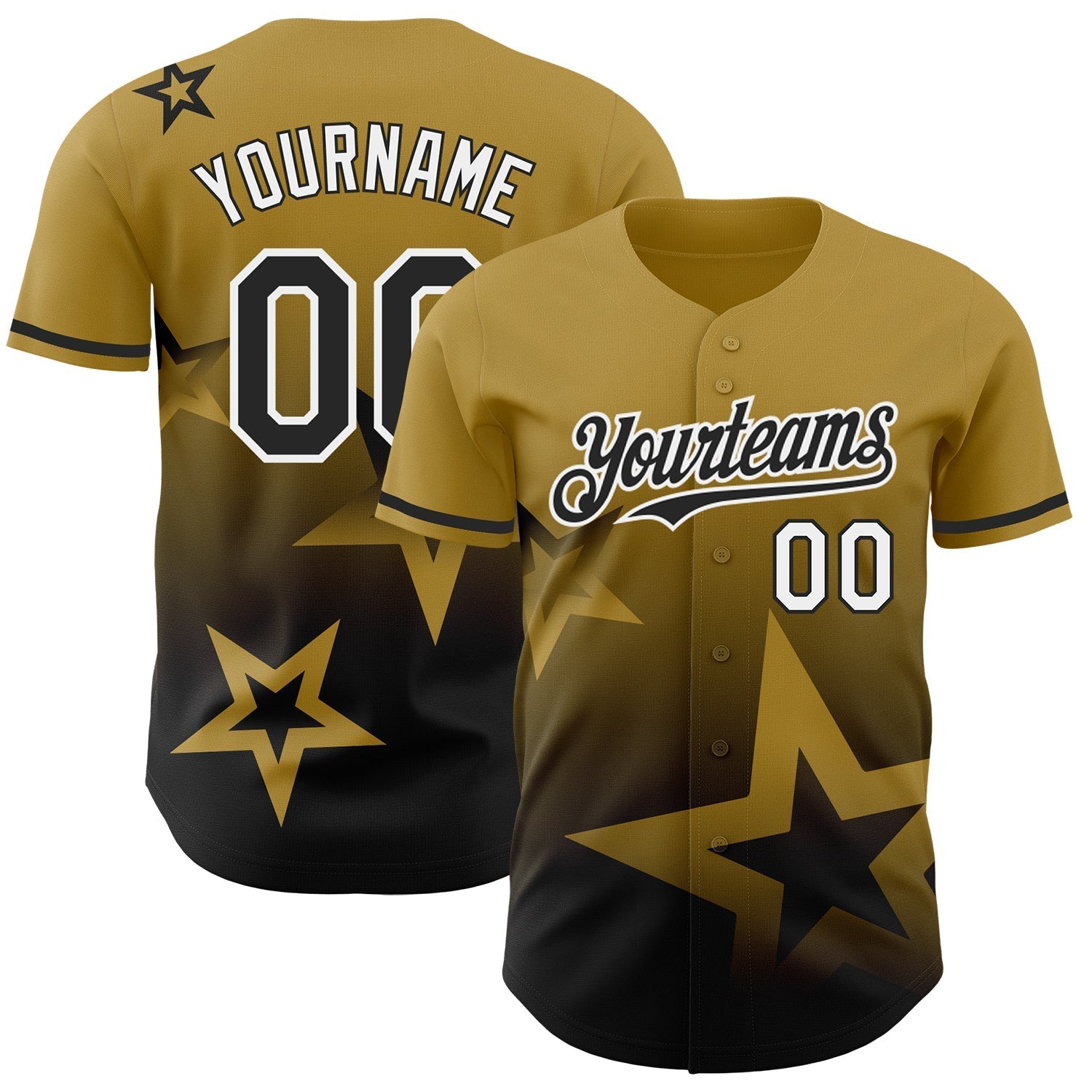Custom Old Gold Black-White 3D Pattern Design Gradient Style Twinkle Star Authentic Baseball Jersey baseball jersey product view 1