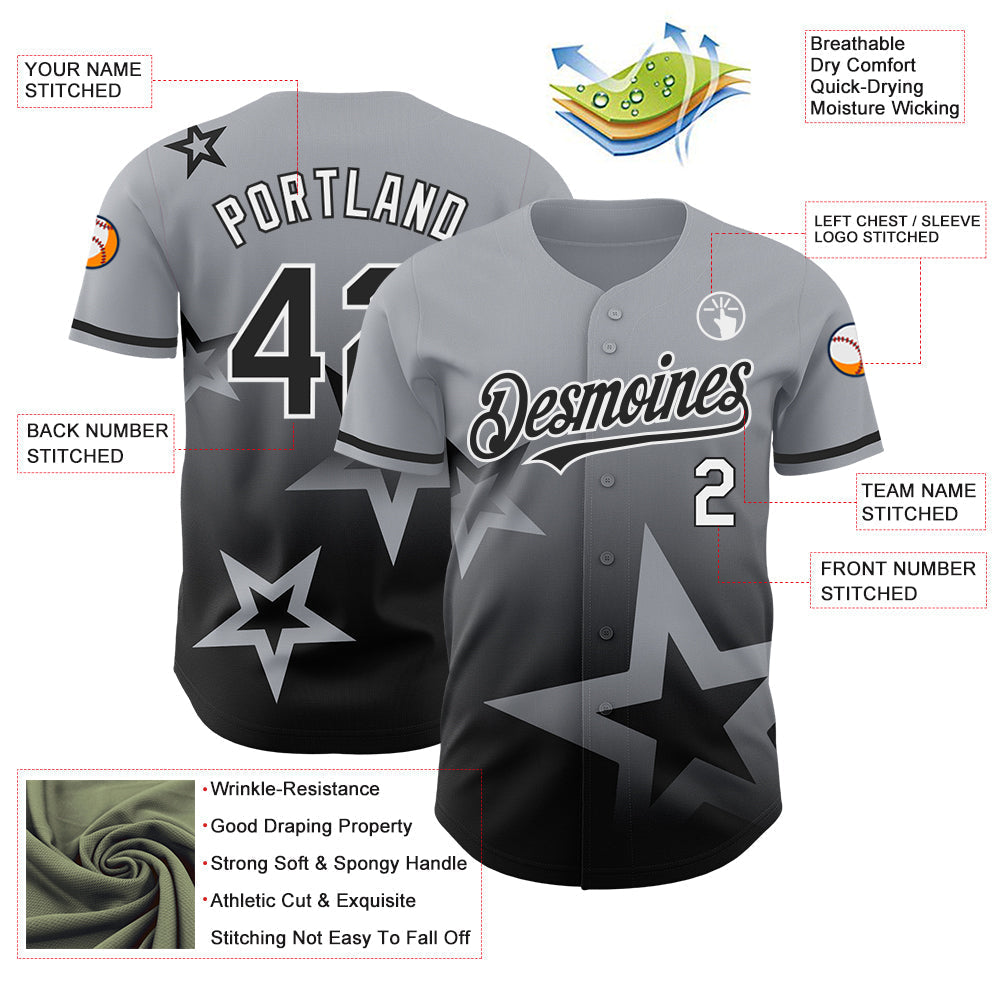 Custom Gray Black-White 3D Pattern Design Gradient Style Twinkle Star Authentic Baseball Jersey baseball jersey product view 3