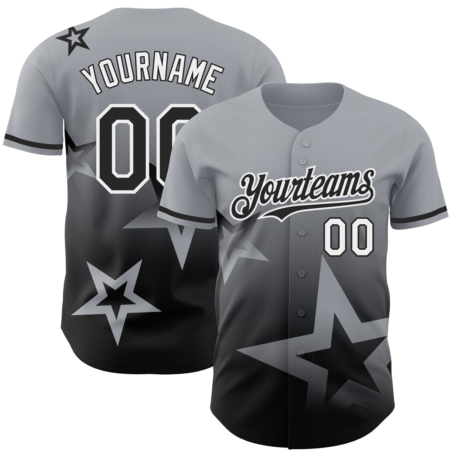 Custom Gray Black-White 3D Pattern Design Gradient Style Twinkle Star Authentic Baseball Jersey baseball jersey product view 1