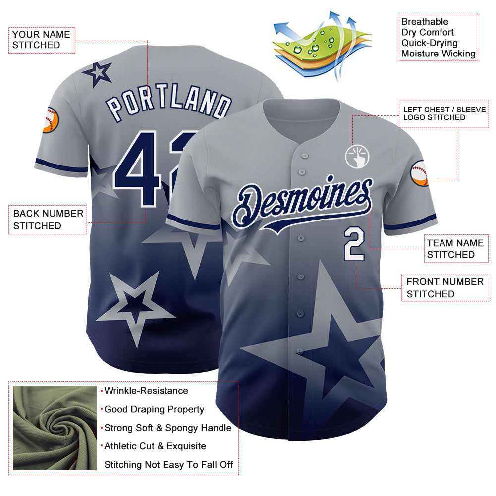 Custom Gray Navy-White 3D Pattern Design Gradient Style Twinkle Star Authentic Baseball Jersey baseball jersey product view 3